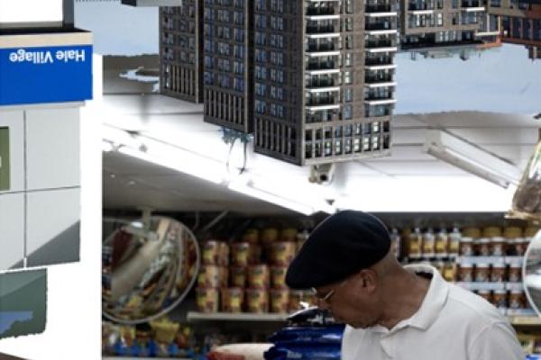 collage showing man shopping and upside down high rise flats