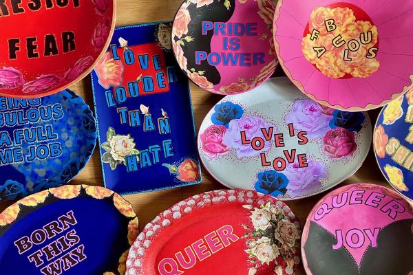 colourful decoupage ceramic bowls and plates